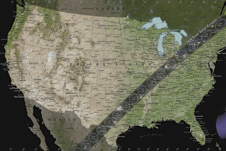 The path of totality for the April 8, 2024 solar eclipse. People along the path of totality stretching from Texas to Maine will have the chance to see a total solar eclipse; outside this path, a partial solar eclipse will be visible. (Credits: NASA)